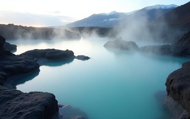 Serene natural thermal hot springs with steam rising, surrounded by volcanic rock formations and distant snowy peaks, conveying relaxation and natural wellness.