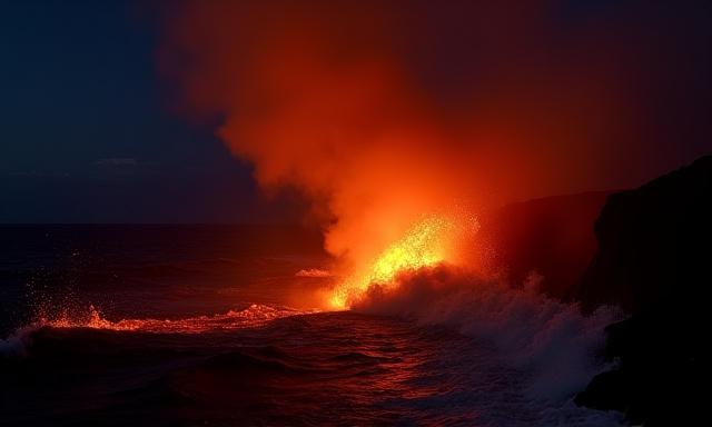 Lava flowing into the ocean in Hawaii at night
